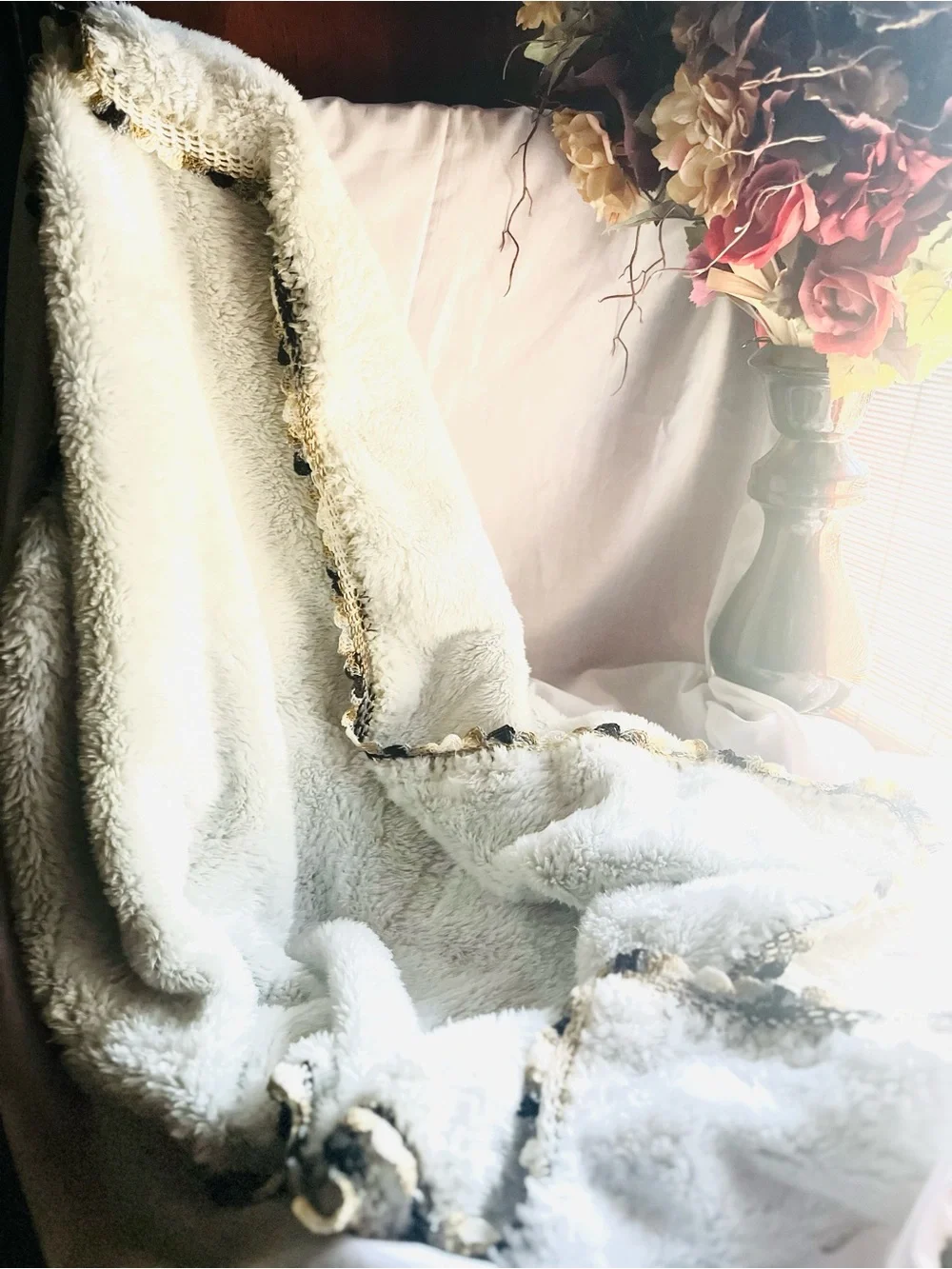 Plush White Sherpa Throw Blanket with Decorative Trim